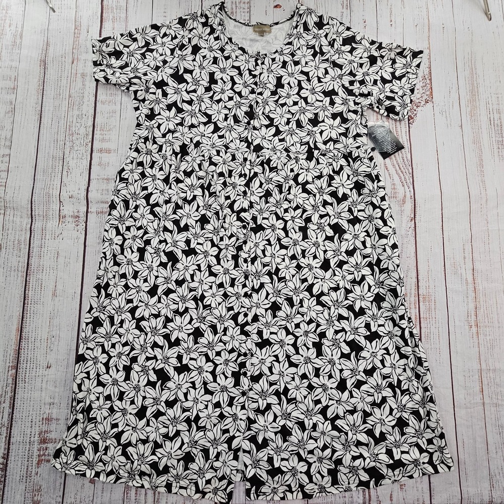 NEW Woman Within Black White Floral Blossom Button Front Maxi Dress 2X